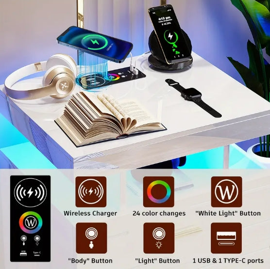 [Wireless Charging Night Stand] Smart Night Stand with Wireless Charging - 24 Colour Lights, 2 Drawers Bed Table