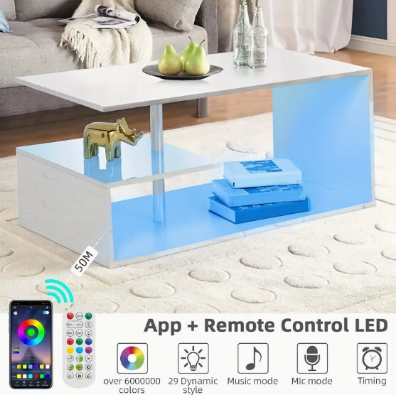 White LED Coffee Tables for Living Room Modern White Coffee Table with S-Shaped 3 Tiers Open Storage Shelf High Gloss Center Sofa Tea Table with LED Lights for Christmas Home Office Furniture