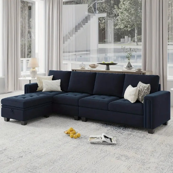 4-Seat Velvet Reversible L Shaped Sectional Sofa Couch - With Convertible Storage Ottoman