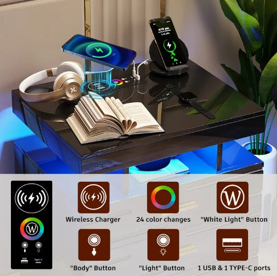 [Wireless Charging Nightstand] Modern 24 Color LED Nightstand - Auto Wireless Charging Station & USB Ports - 3 Drawers High-Gloss Bedside Table