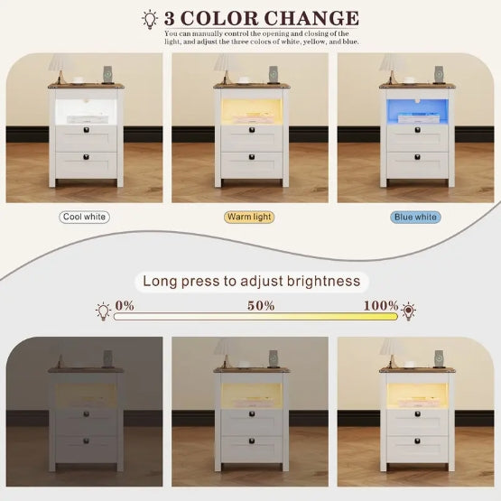 [Farmhouse LED Nightstand] 2-Drawer Farmhouse LED Nightstand - With Gun Drawer, Invisible Lock, Charging Station, Modern End Table for Bedroom Living Room Office - White/Dark Oak