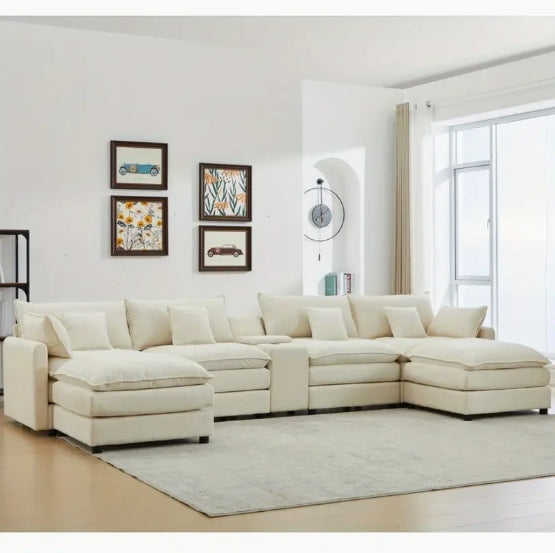 4 Seat U-Shaped Modern Chenille Sofa Sleeper - Piece Upholstered Sectional with Coffee Table - White