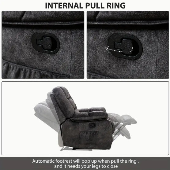 Large Recliner Wide Manual Recliner for Seniors Fabric Living Room Upholstered Adult Recliner, Elderly Lounge Chair Recliner with Heating and Massage Living Room Recliner Manual Recliner with Side Pockets and USB Charging Ports and Remote Controls