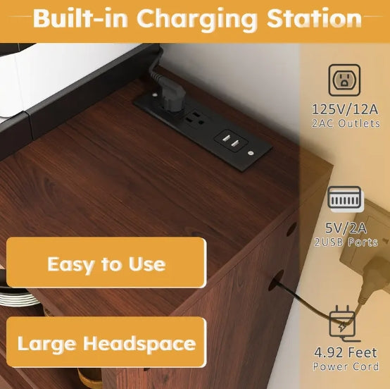 Modern Brown Folding Dining Table with Storage Sideboard & Charging Station – Wall-Mounted, Space-Saving Design with Wheels for Compact Kitchens