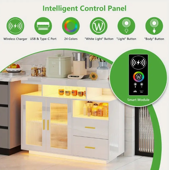 LED Sideboard Buffet Cabinet With Motion Sensor Lights, High Gloss Coffee Bar Cabinet With Charging Station, Kitchen Storage Cabinet For Bar