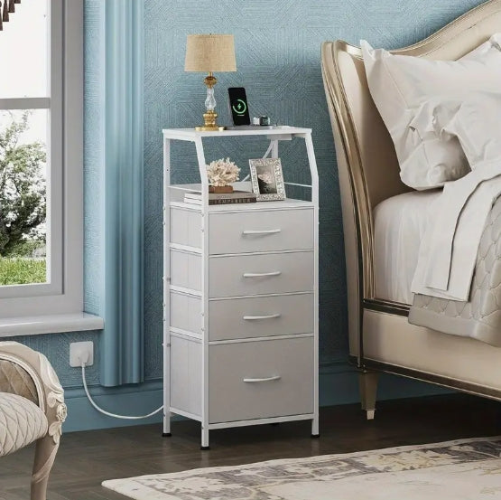 4 Drawer Dresser for Bedroom, Nightstand with Charging Station and LED Light, Indoor and Outdoor Storage, Tall Night Stand Bed Side Table