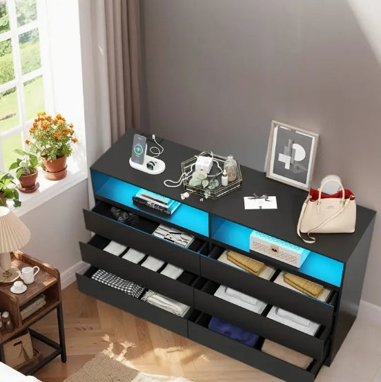 Contemporary White Finish Accent Chest of Drawers with LED Lighting, Varnished Storage Dresser, Independent Furniture, 110V-240V Plug Powered, with Charging Station, for Under 3.2 Cubic Feet Capacity