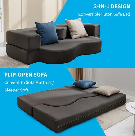 Queen Size Convertible Sofa Bed - Memory Foam Fold-Out Couch with Washable Leathaire Cover, Modern Dark Gray Design for Living Room & Guest Room