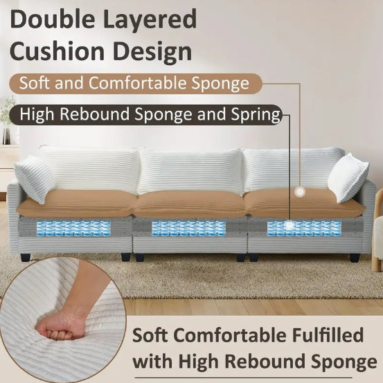 Oversized Modular Sectional Sofa Set - Cozy 3-Seater White Corduroy with Movable Ottoman, 2 Armrest Pillows, L-Shaped Design for Living Room or Bedroom - Easy DIY Assembly, Sectional Sofa for Living Room