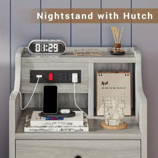 [Grey Nightstand with Charging] 2 USB Ports & 2 Outlets Grey Nightstand with Charging Station, Hutch and 3 Drawers - Bedroom End Table