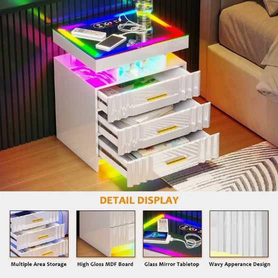 [Smart Nightstand] RGB LED Night Stand - Wireless Charging Station, Modern Bedside Table with Human Body Sensor Light and Glass Panel