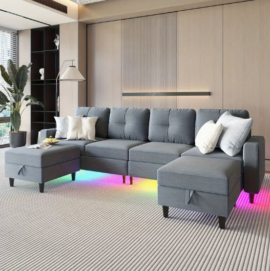 [Modular Sectional Sofa] 6 Seats Modular Sectional Sofa With Charging Station, LED Lights, U/L Shaped Couch, Storage Ottoman, Music Sync