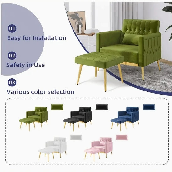 Velvet Modern Accent Chair And Ottoman Set with 2 USB Ports, Pink Comfy Reading Chair Bedroom Living Room Chairs, Recliner Lounge Chair, Adjustable Backrest And Pillow (Green)