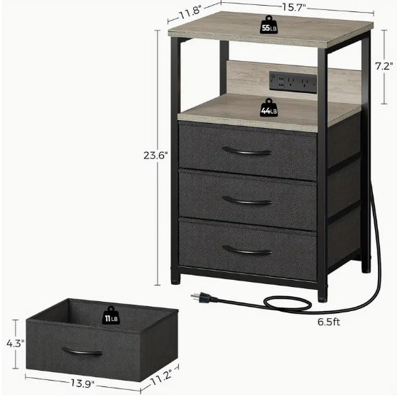 [Charging Nightstand] 2/3 Fabric Drawers Nightstand with Charging Station And LED Light, Side Table with USB Ports And Outlets, Valentines Bedside End Table