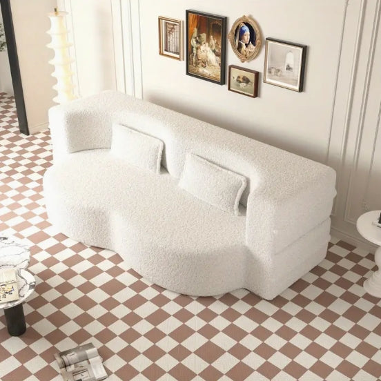 Modern Floor Sofa with 2 Pillows, Convertible Teddy Fabric Foam-Filled Sleeper Sofa Bed, 15" Full Size Folding Mattress for Living Room, Guest Bed, Playroom, no assembly required, Beige