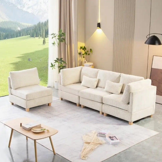 1pc Convertible Modular Sofa - DIY Corduroy Fabric L-shaped/U-shaped - Non-slip Sofa Legs, 2 Packages Ship, Beige/Dark Gray