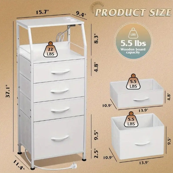 4 Drawer Dresser for Bedroom, Nightstand with Charging Station and LED Light, Indoor and Outdoor Storage, Tall Night Stand Bed Side Table