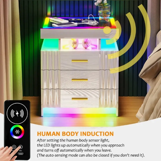 [Smart Nightstand] RGB LED Night Stand - Wireless Charging Station, Modern Bedside Table with Human Body Sensor Light and Glass Panel