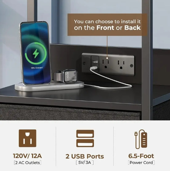 [Charging Nightstand] 2/3 Fabric Drawers Nightstand with Charging Station And LED Light, Side Table with USB Ports And Outlets, Valentines Bedside End Table
