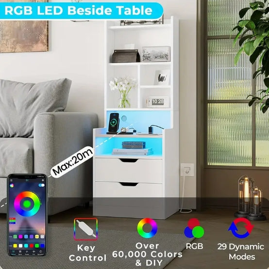 [Tall Nightstand with Charging Station] 1pcs White Tall Nightstand - Charging Station and LED Lights, 2 Drawers, Bookshelf, Bedside Table with Shelves