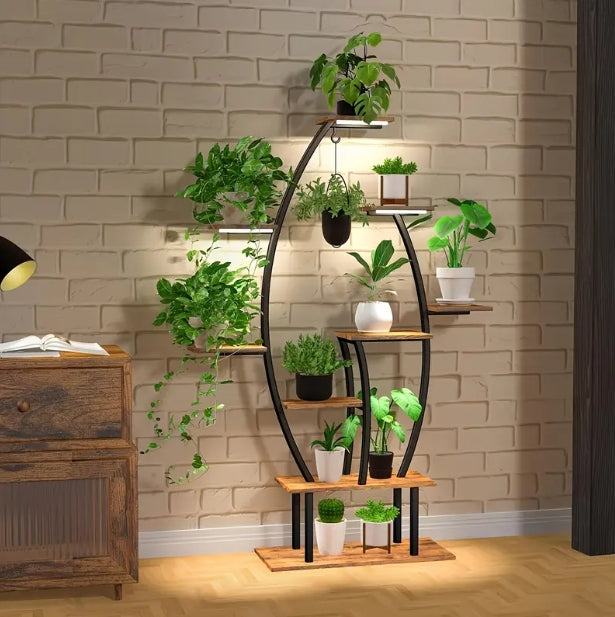 9-Tier Metal Step Shelf with Grow Light - 59" Tall Indoor Plant & Greenery Stand, Heavy-Duty Iron Pipes, Water-Resistant, No Electricity Needed - Perfect for Home, Patio, Balcony - Patented Design