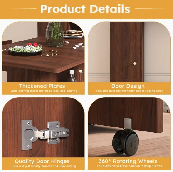 Modern Brown Folding Dining Table with Storage Sideboard & Charging Station – Wall-Mounted, Space-Saving Design with Wheels for Compact Kitchens