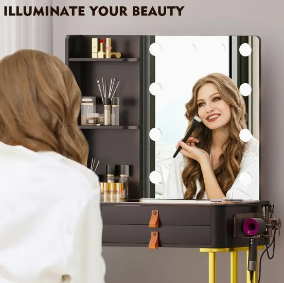 [Wireless Charging Vanity] Wireless Charging Gurexl Vanity Desk with Lighted Mirror, 3 Lighting Modes, 6 Drawers & Stool, Glass Top Makeup Vanity Table Set