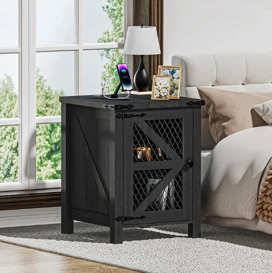 Chic 18" Farmhouse Side Table with Charging Port - Rustic Wire Mesh Barn Door Design, Nightstand with Adjustable Shelf for Bedroom & Living Room