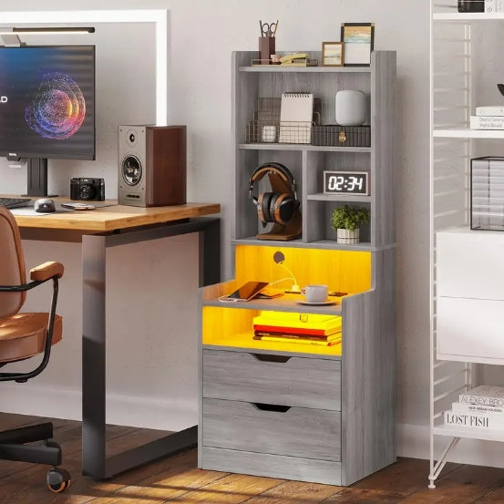 1pcs Gray Tall Nightstand with Charging Station, LED Lights, Drawers, Storage Shelves, and Bookshelf