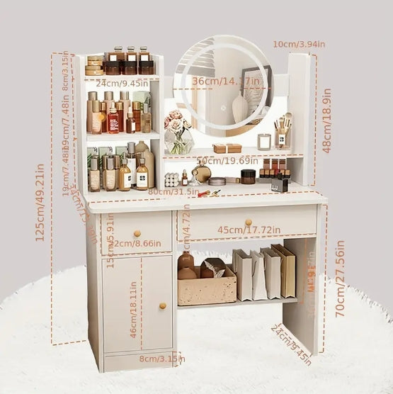 Elegant White Wooden Makeup Vanity Desk with Touch-Screen Lighted Mirror - 3 Adjustable Lighting Modes, Drawers & Storage Shelves for Cosmetics Organization - Modern Bedroom Dressing Table with Plug-In Power
