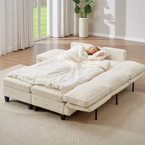 110" U-Shaped Modular Sectional Sofa, Convertible Sleeper Sofa Couch Bed with Adjustable Backrest, Chenille Couch with Storage & Charging Ports, Beige Large Sectional Couches for Living Room
