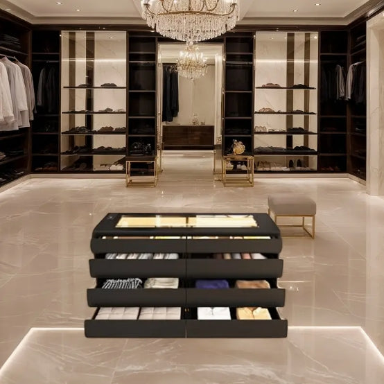 [Modern Dresser] Modern 8 Drawer White Dresser - Double Wide Drawers Organizer Cabinet with Glass Top & Power Outlet And LED Light