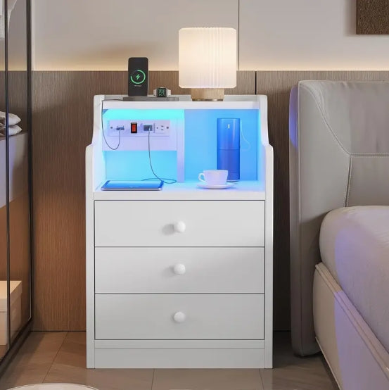 White Nightstand with Charging Station and LED Lights, Night Stand with Hutch, Bedside Table with Drawers, Modern End Side Table for Bedroom