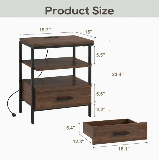 Night Stand, Bedside Table with Adjustable Wood Drawer, Side Table End Table for Living Room, Bedroom, Couch Table, Sofa Table, Dark Walnut