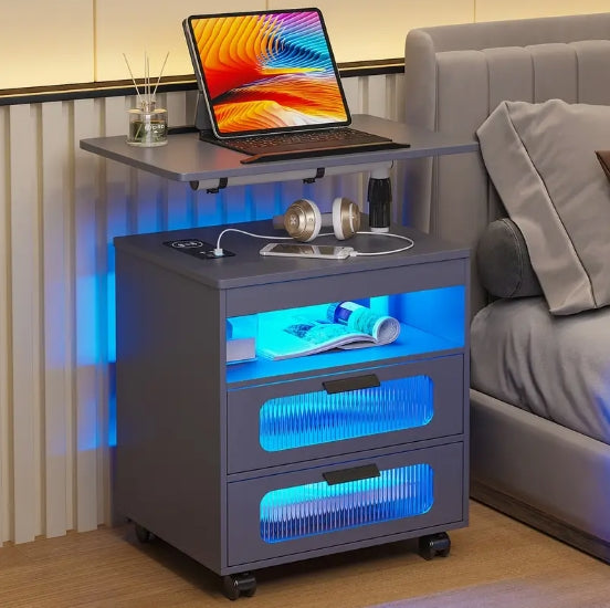 Nightstand With Wireless Charging Station, LED Nightstand Has Adjustable Rotary Workstation, Smart Night Stand With 2 Drawers