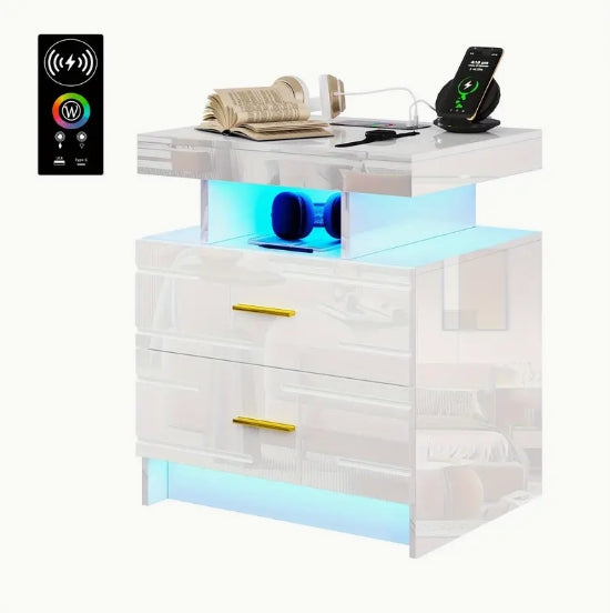 [Wireless Charging Night Stand] Smart Night Stand with Wireless Charging - 24 Colour Lights, 2 Drawers Bed Table