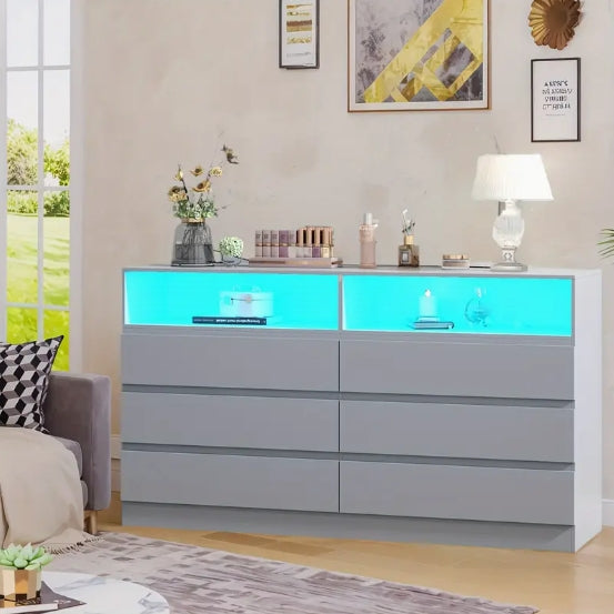 Contemporary White Finish Accent Chest of Drawers with LED Lighting, Varnished Storage Dresser, Independent Furniture, 110V-240V Plug Powered, with Charging Station, for Under 3.2 Cubic Feet Capacity