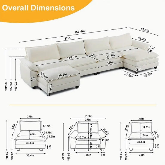 [Comfy Convertible Sofa] Modern Comfy Cloud White/Cream Convertible Sectional Sofa, Extra Deep Seat L-Shape Couch with Movable Ottoman - Elegant White Plush Fabric Sofa for Home, Office, Apartment, Family Lounge Furniture