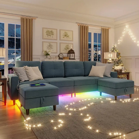 [Modular Sectional Sofa] 6 Seats Modular Sectional Sofa With Charging Station, LED Lights, U/L Shaped Couch, Storage Ottoman, Music Sync