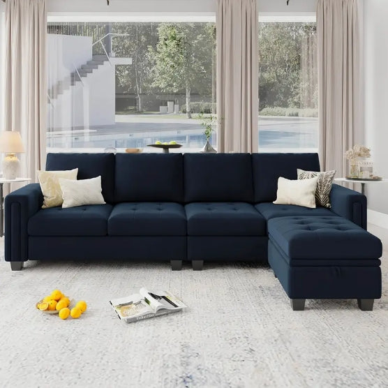 4-Seat Velvet Reversible L Shaped Sectional Sofa Couch - With Convertible Storage Ottoman