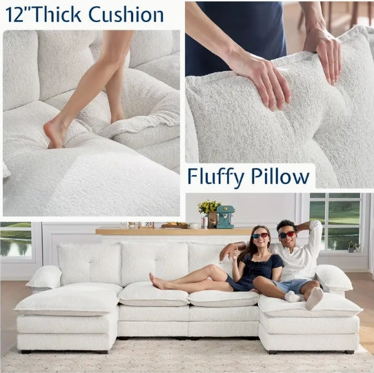 115 Inch Sectional Couch, Modular Sectional Sofa- Double Layer Seat Cushions, U Shaped Couch- Comfy Couches For Living Room, Beige Chenille