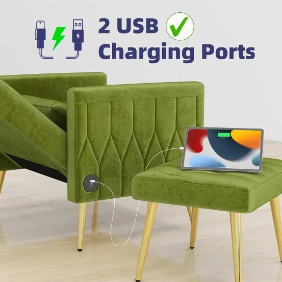 Velvet Modern Accent Chair And Ottoman Set with 2 USB Ports, Pink Comfy Reading Chair Bedroom Living Room Chairs, Recliner Lounge Chair, Adjustable Backrest And Pillow (Green)