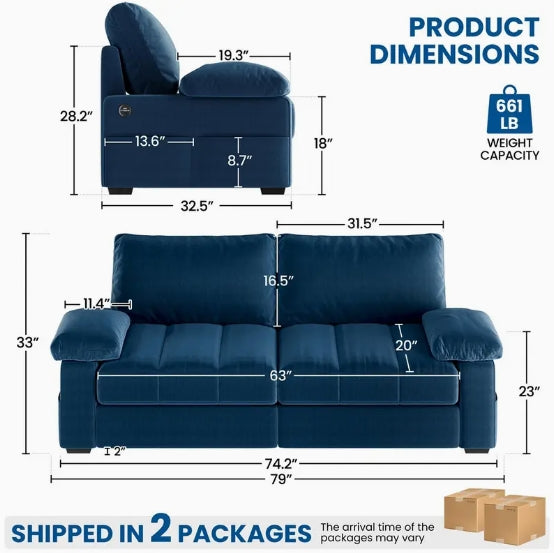 79in Upholstered Sofa Velvet Couch Sofa Couch with USB Charging Ports, Storage Pockets for Living Room Apartment Game Room, Gray/Green/Blue