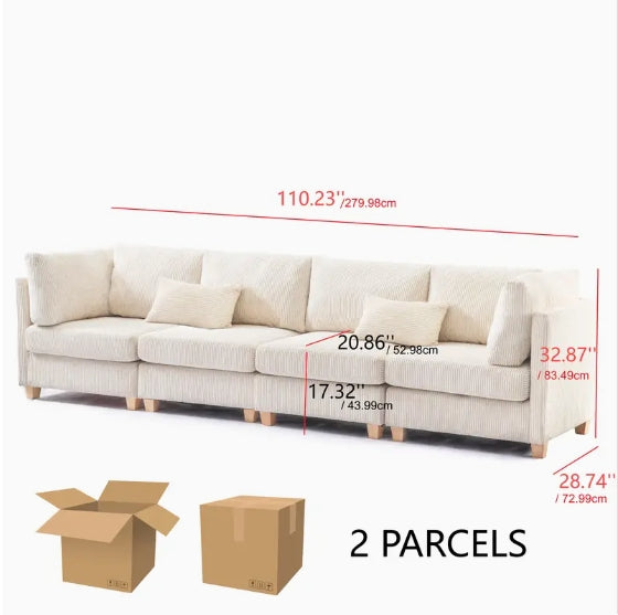 1pc Convertible Modular Sofa - DIY Corduroy Fabric L-shaped/U-shaped - Non-slip Sofa Legs, 2 Packages Ship, Beige/Dark Gray