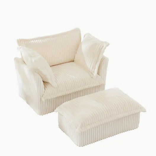 Upholstered Slipcovered Armchair with Ottoman Deep Seat Armchair W Wide Ottoman for Living Room Armchair Sets with Large Soft Pillows Set of 2 Cream Corduroy Fabric
