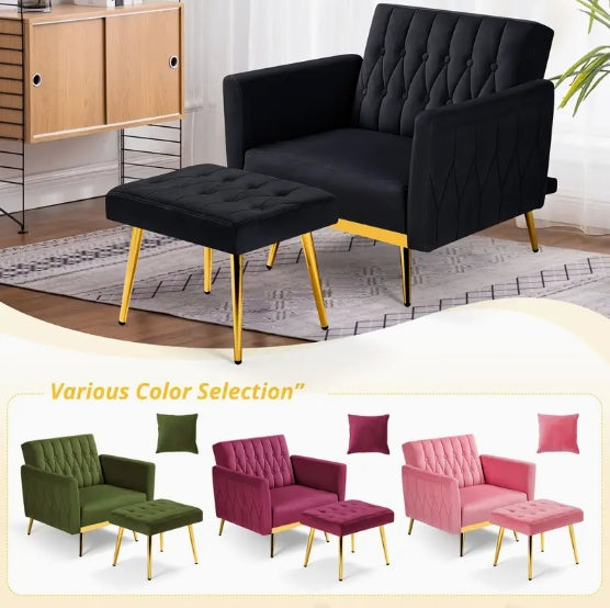 ACMEASE Velvet Accent Chair - Adjustable Armrests And Backrest, Button Tufted Lounge Chair With Ottoman And Pillow