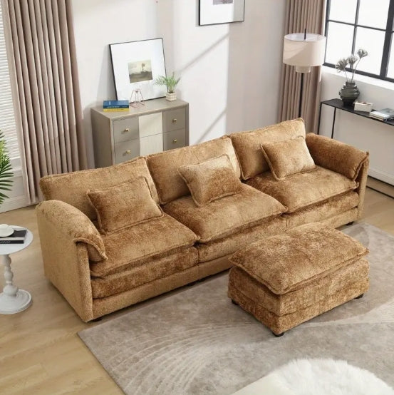 Modern Large Boucle Fabric L-Shape Sectional Chenille Fabric, Movable Pedals, Detachable Armrests, Oversized Three-Seat Sofa