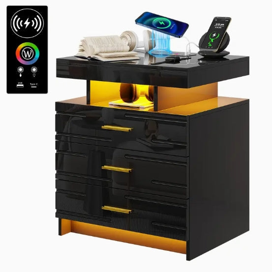 [Wireless Charging Nightstand] Modern 24 Color LED Nightstand - Auto Wireless Charging Station & USB Ports - 3 Drawers High-Gloss Bedside Table