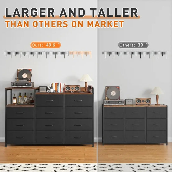 Modern Black Dresser with 11 Drawers, Metal Frame & Wood Top – Stylish Bedroom Storage Chest with Shelves, Perfect for Makeup Vanity or TV Stand