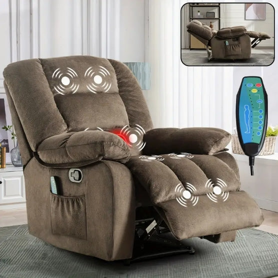 Large Recliner Wide Manual Recliner for Seniors Fabric Living Room Upholstered Adult Recliner, Elderly Lounge Chair Recliner with Heating and Massage Living Room Recliner Manual Recliner with Side Pockets and USB Charging Ports and Remote Controls